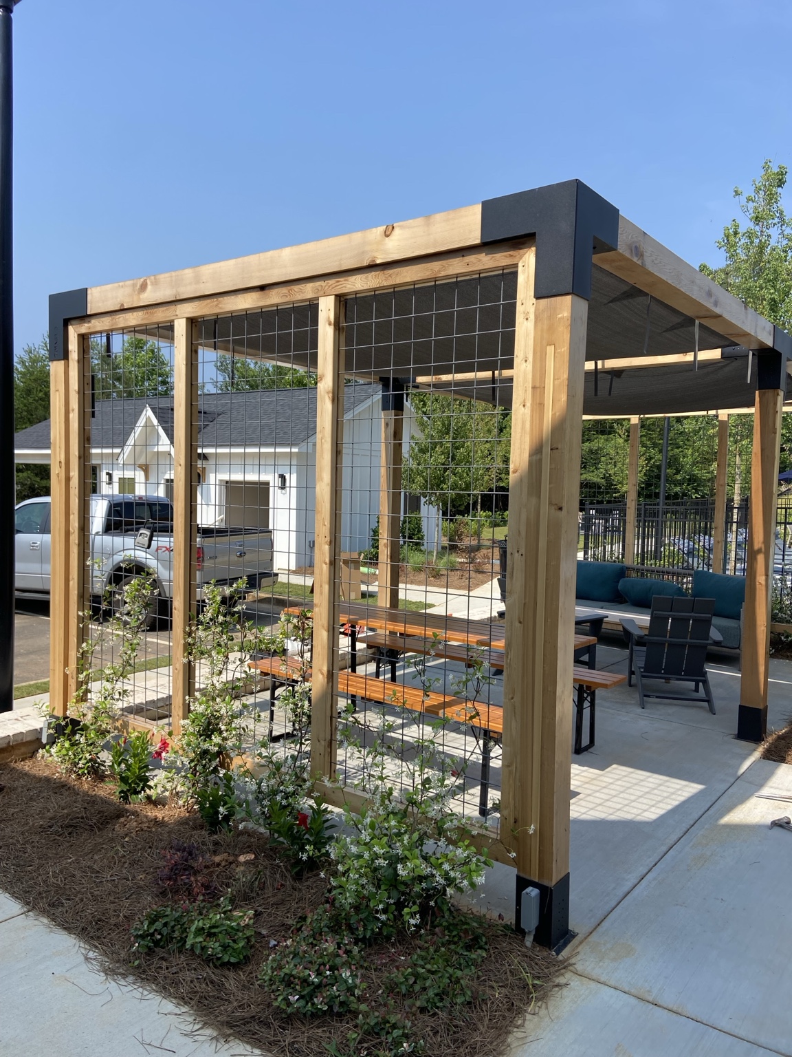 Landscaped outdoor pergola and entertaining area