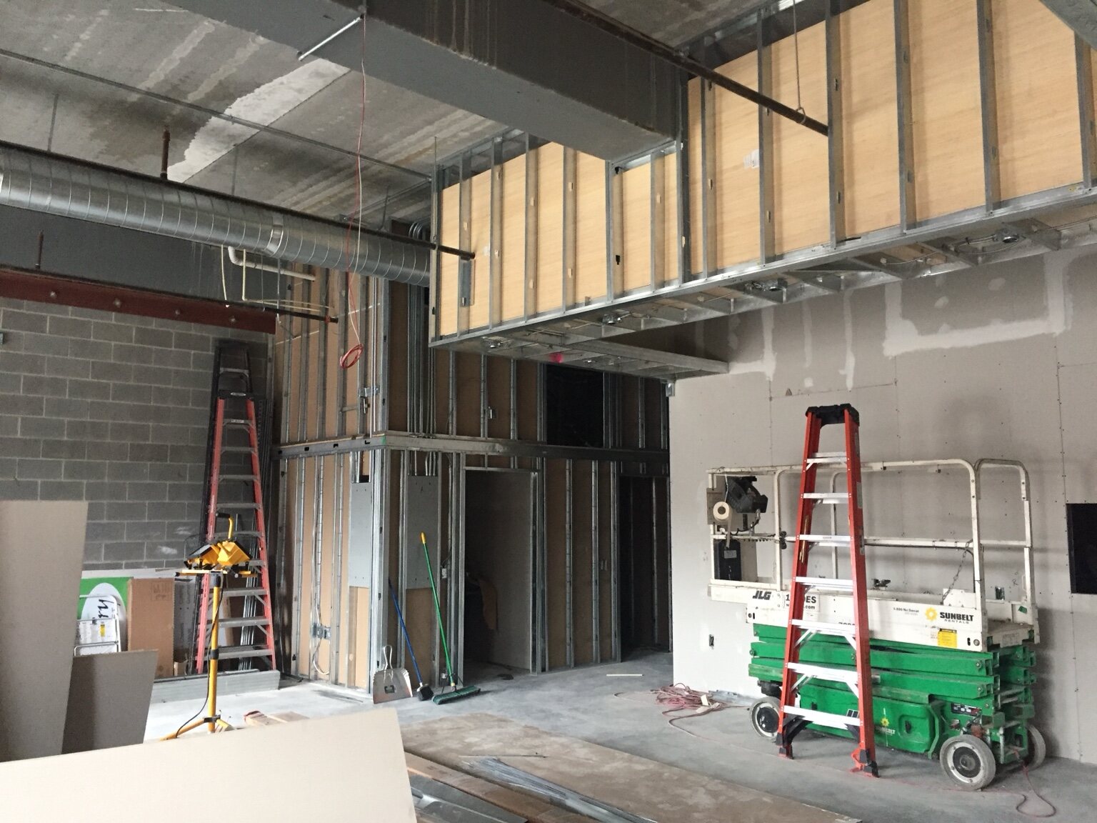 Commercial framing, ductwork, and wall construction during the Coalition restaurant build-out