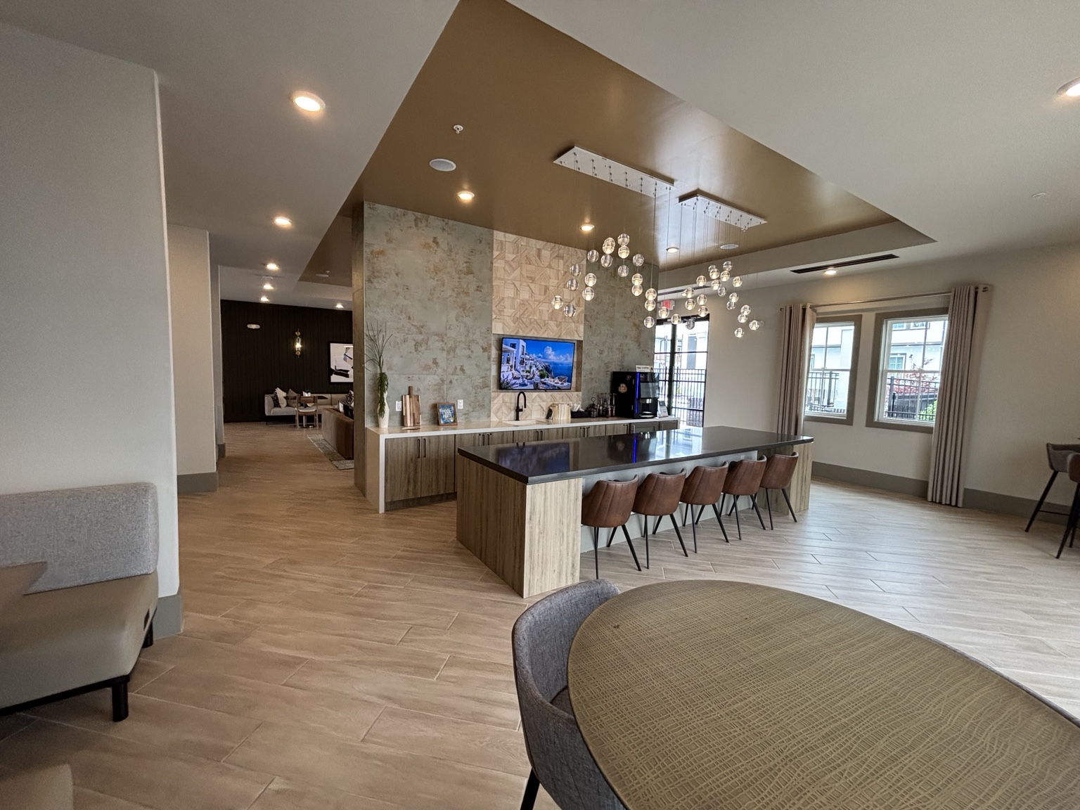 Clubhouse bar and refreshment area with custom lighting